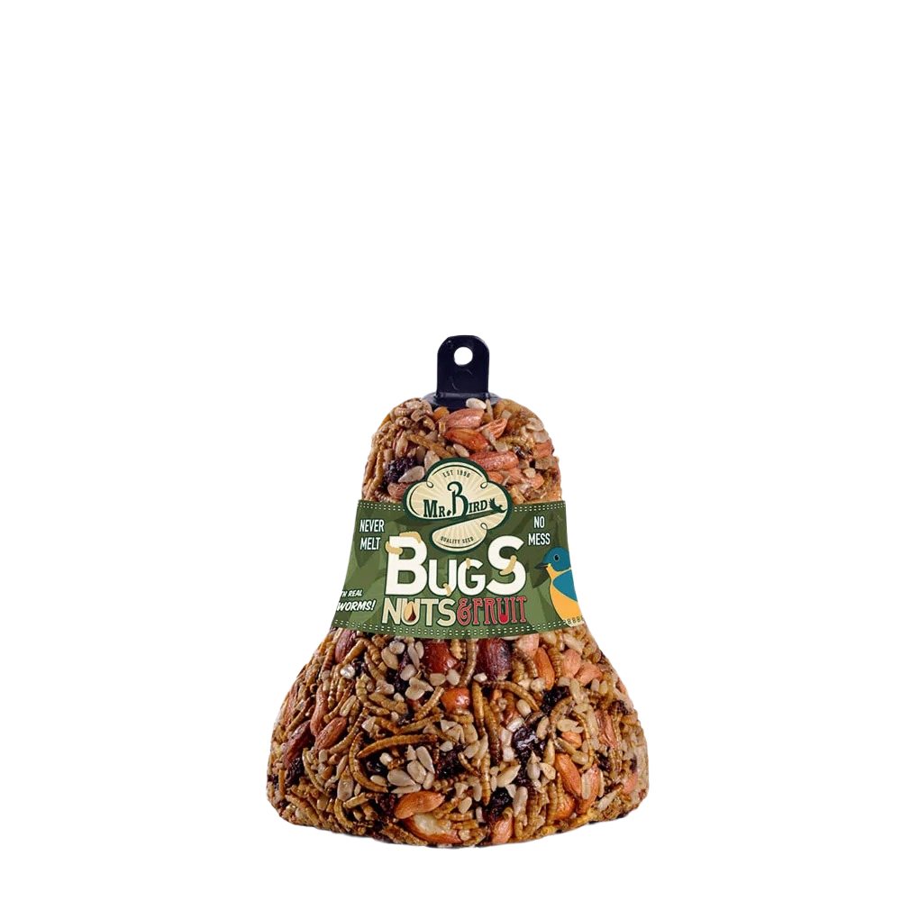 Bird feeder bell filled with nuts, dried fruit, and insects for attracting wild birds in home gardens