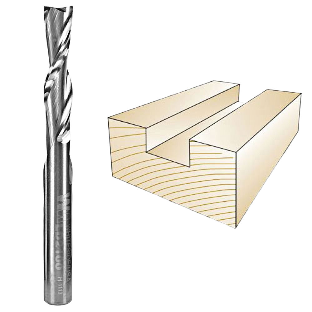 Left hand spiral downcut drill bit beside illustration of a smooth groove cut in wood for tool accessories and home improvement collections