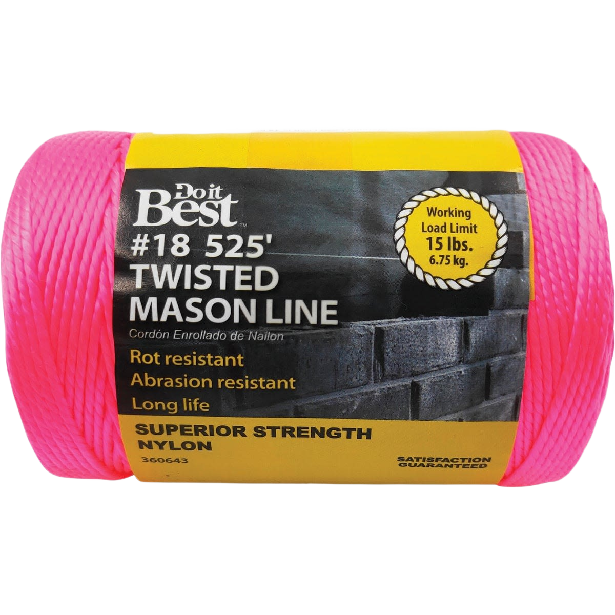 Fluorescent pink twisted nylon mason line spool with 525 ft length for tools and home improvement tasks