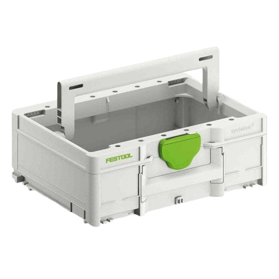 Compact light gray Festool tool storage box with green latch and modular handle for workshop organization and jobsite storage