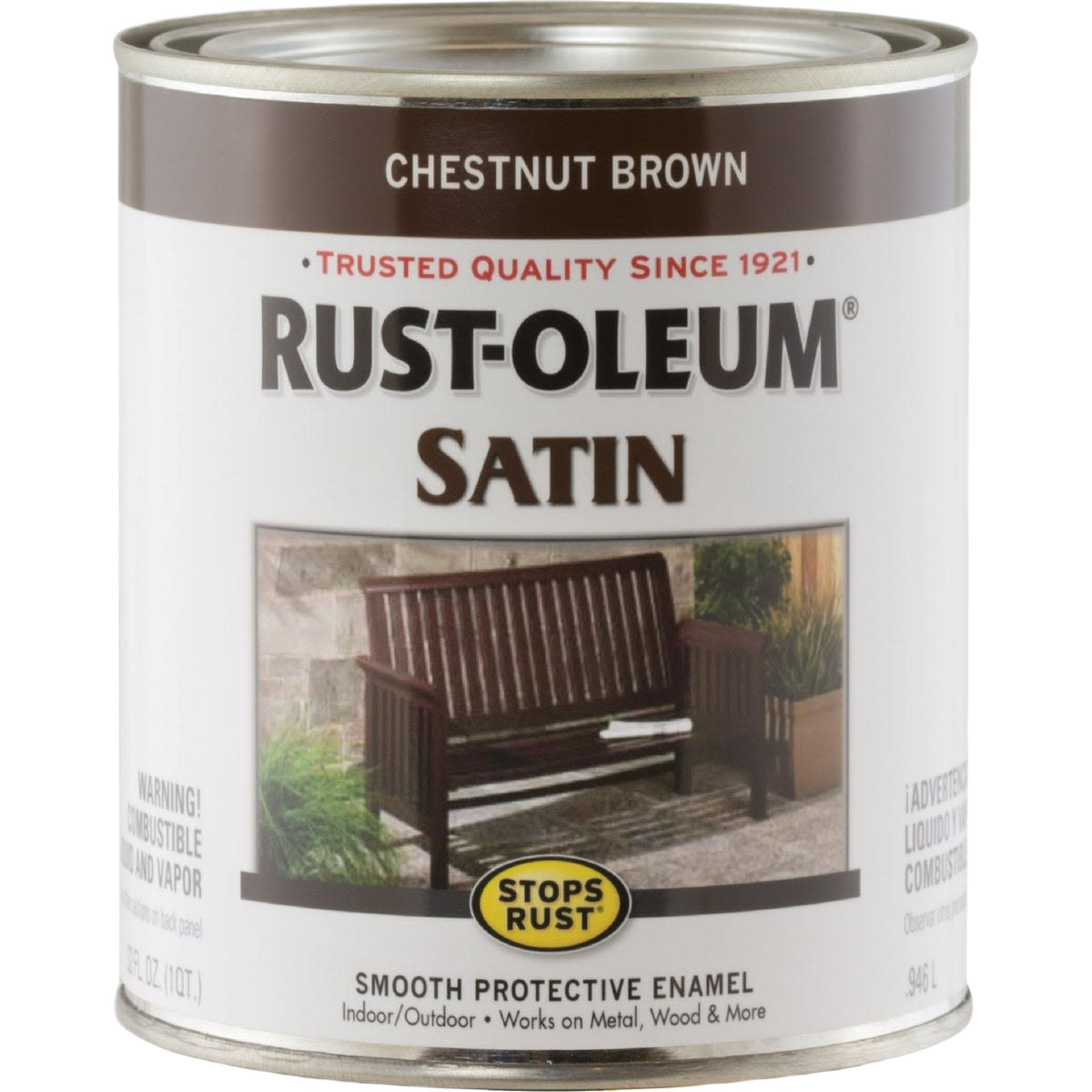 Quart can of chestnut brown satin enamel for rust protection on metal and wood in specialty paint collections