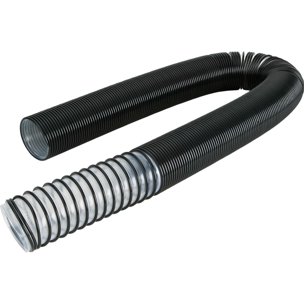 Flexible clear dust extraction hose with black spiral reinforcement for efficient debris removal in home improvement tasks