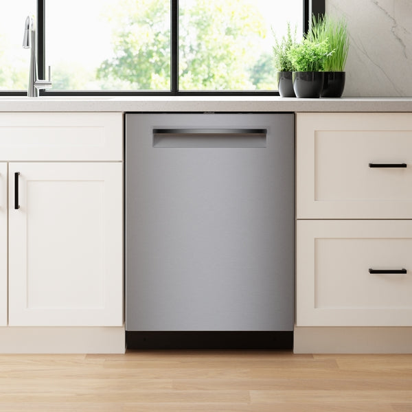 Built-in 24-inch stainless steel dishwasher with anti-fingerprint finish, installed under kitchen counter near window