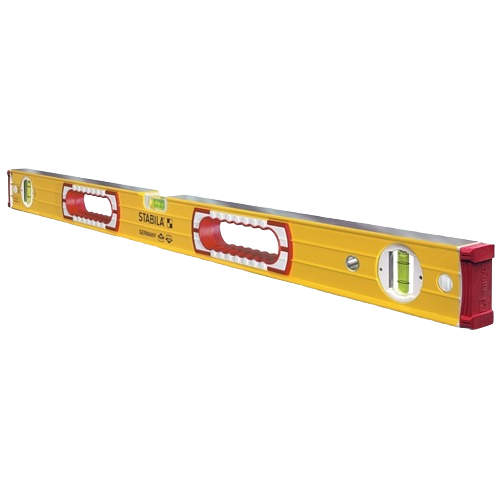 Yellow 48-inch Stabila level with red handholes and three bubble vials for precision in woodworking and measuring tools collections