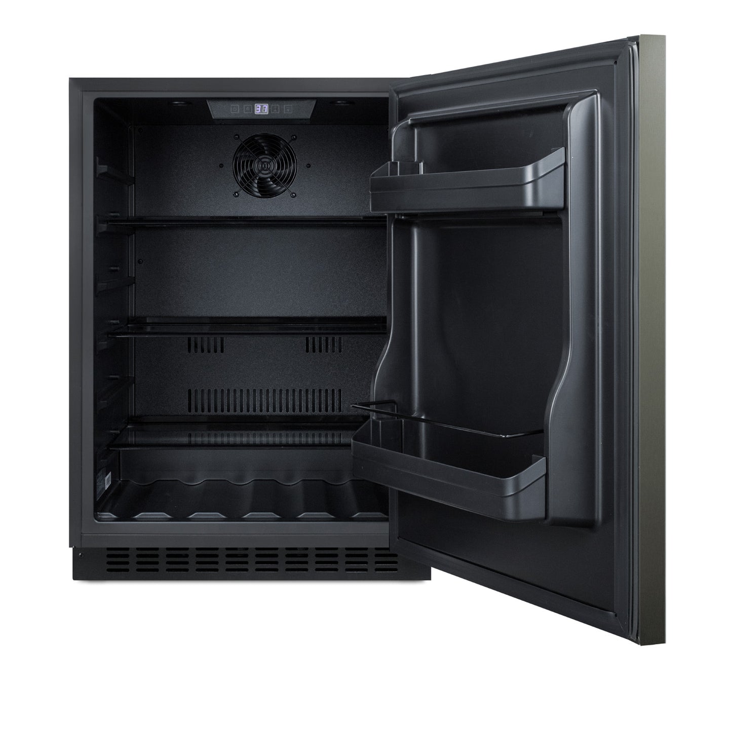 Open 24-inch built-in all-refrigerator with black finish, adjustable shelving, and bottle storage in Appliances collection