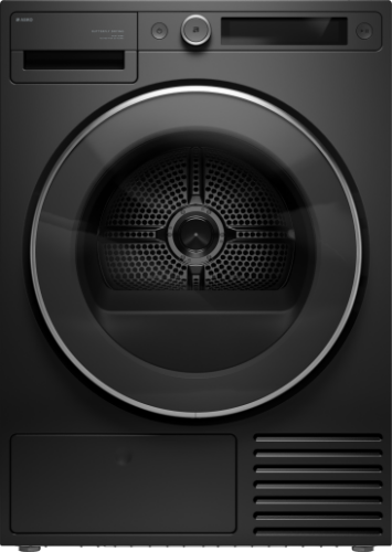 Front view of a graphite black electric dryer with a large circular door, control knob, and digital display, suitable for Dryers and Appliances collections.