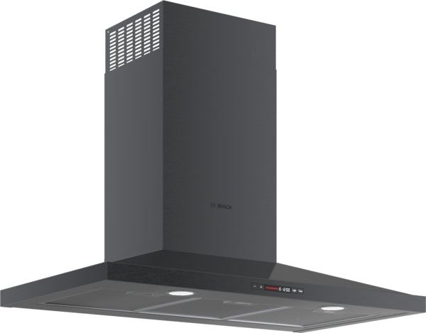 Black stainless steel wall hood with pyramid chimney design and digital controls from Bosch range hoods collection at Hartville Hardware