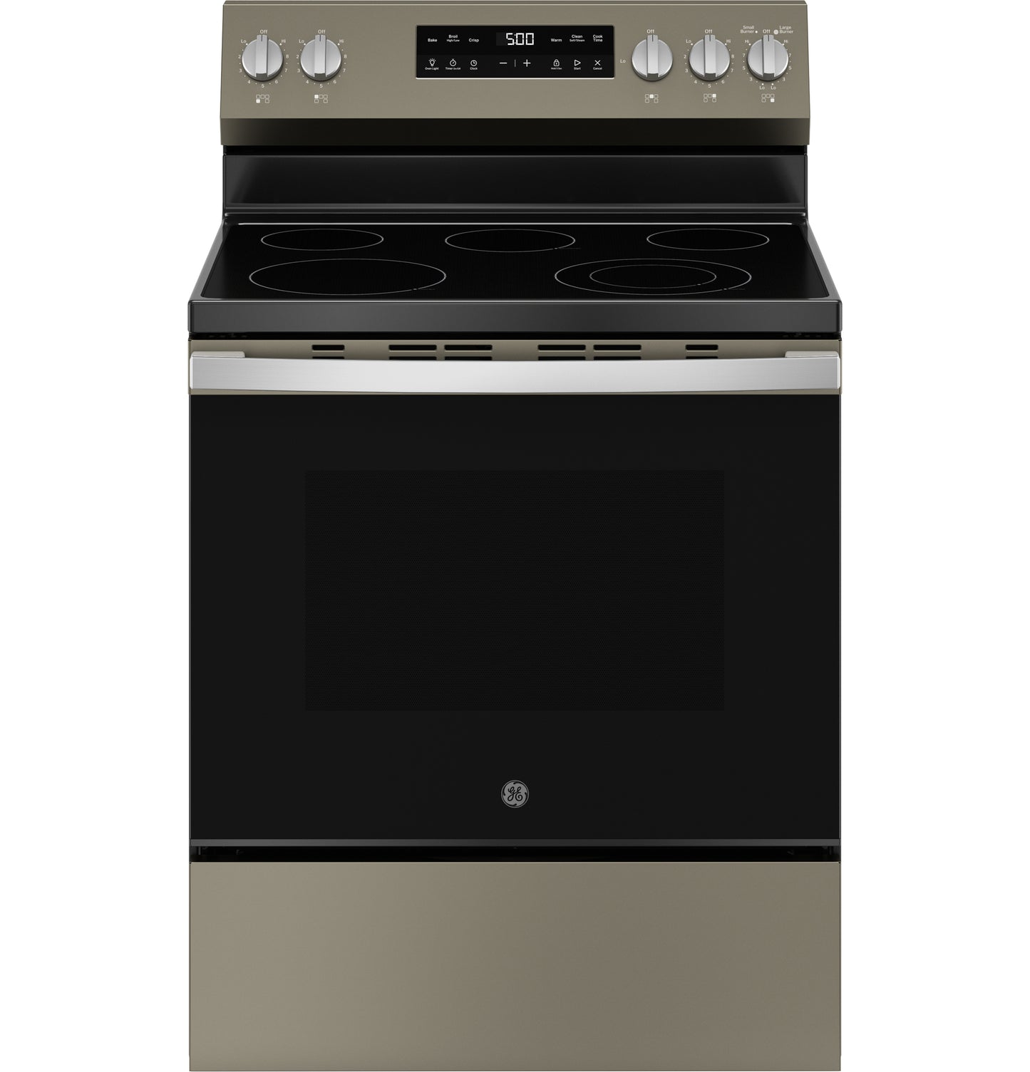 Free-standing electric range with glass cooktop, four burners, digital display, and stainless steel accents from Ranges collection