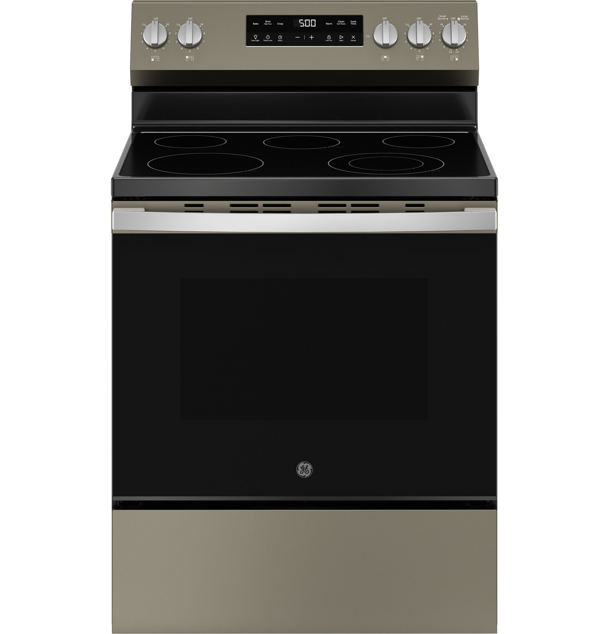 Free-standing electric range with glass cooktop, four burners, digital display, and stainless steel accents from Ranges collection