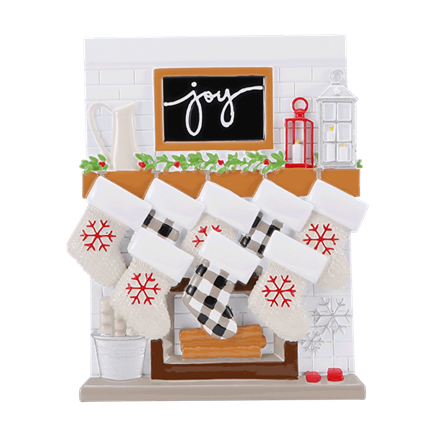 Cozy fireplace ornament with eight personalized stockings and festive decor for Christmas Ornaments & Tree Decorations collection