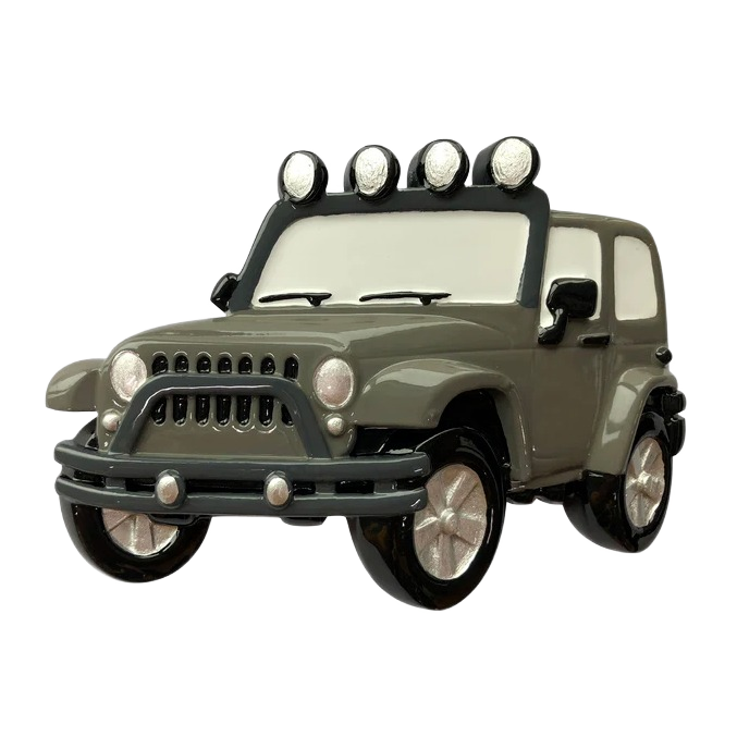 Grey Jeep ornament with roof-mounted headlights and detailed front grille from Christmas Ornaments & Tree Decorations collection