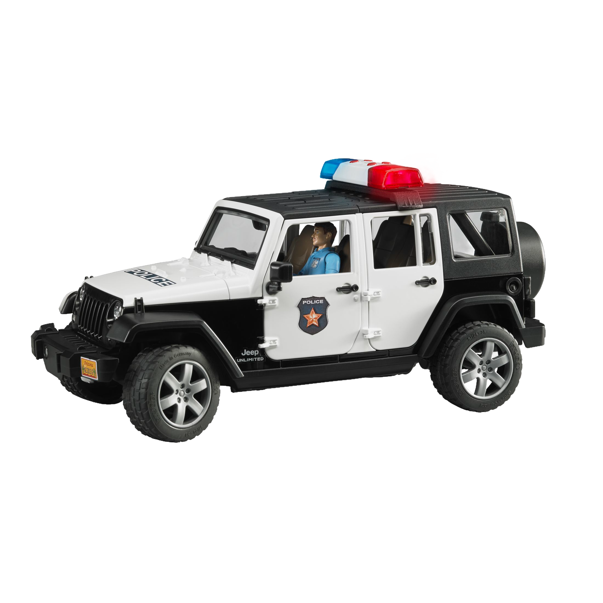 Black and white Jeep Wrangler police vehicle toy with policeman figure and light bar from Bruder Toys under $100 collection