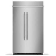 Built-in side-by-side refrigerator with platinum interior and sleek vertical handles in KitchenAid appliances collection