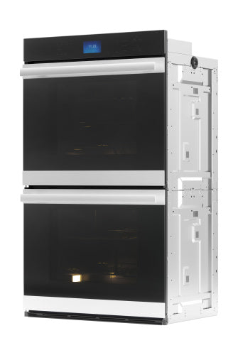 Contemporary built-in double wall oven with edge-to-edge black glass and stainless steel handles in Appliances collection