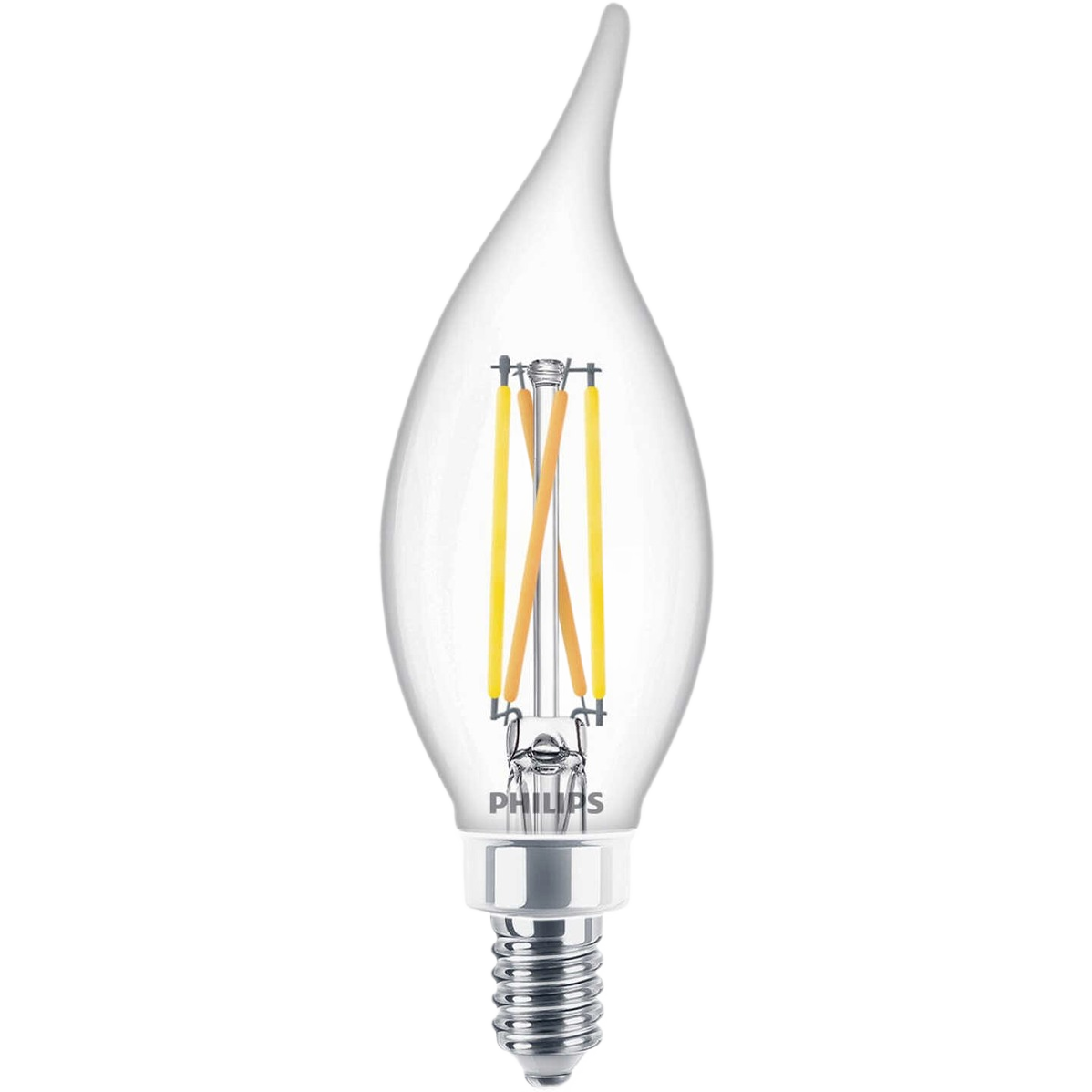 Clear flame-shaped LED bulb with yellow filaments and silver screw base for lighting and electrical collections under $50