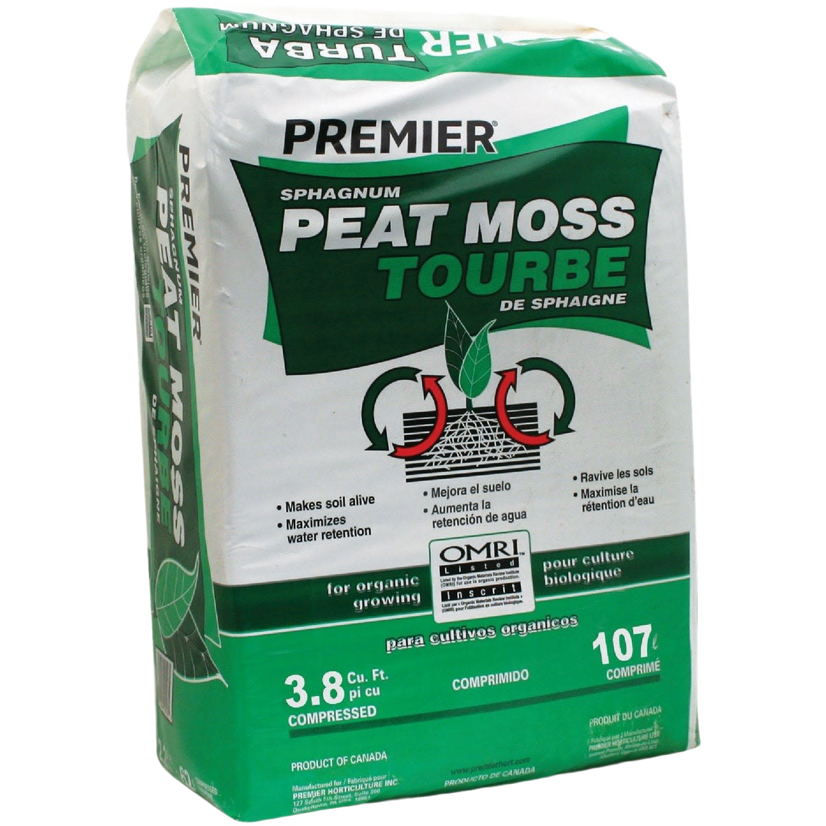Compressed bale of Premier sphagnum moss for soil aeration and moisture retention in gardening and landscaping projects