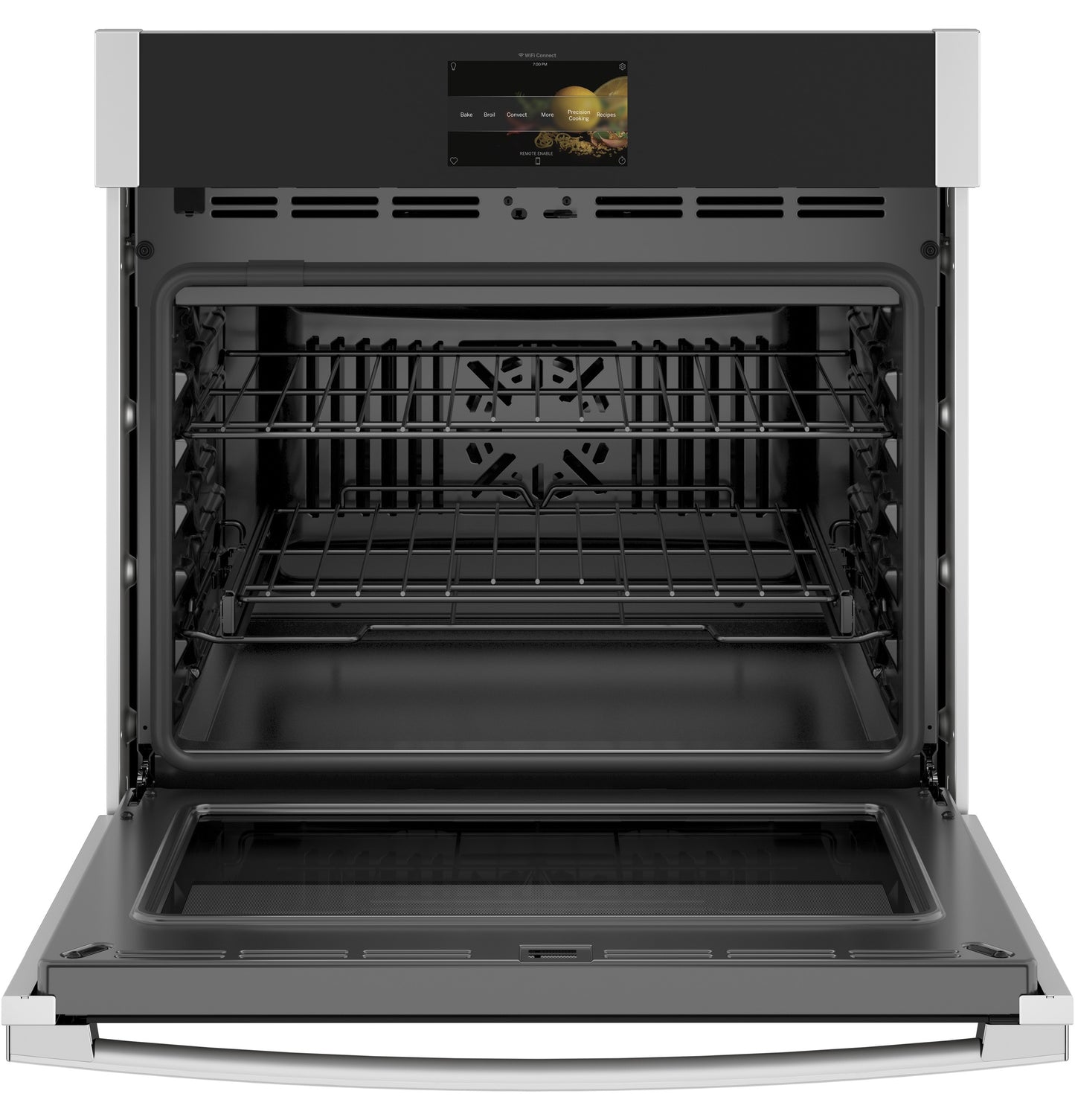 Open smart built-in wall oven with convection fan and dual wire racks in kitchen appliances collection