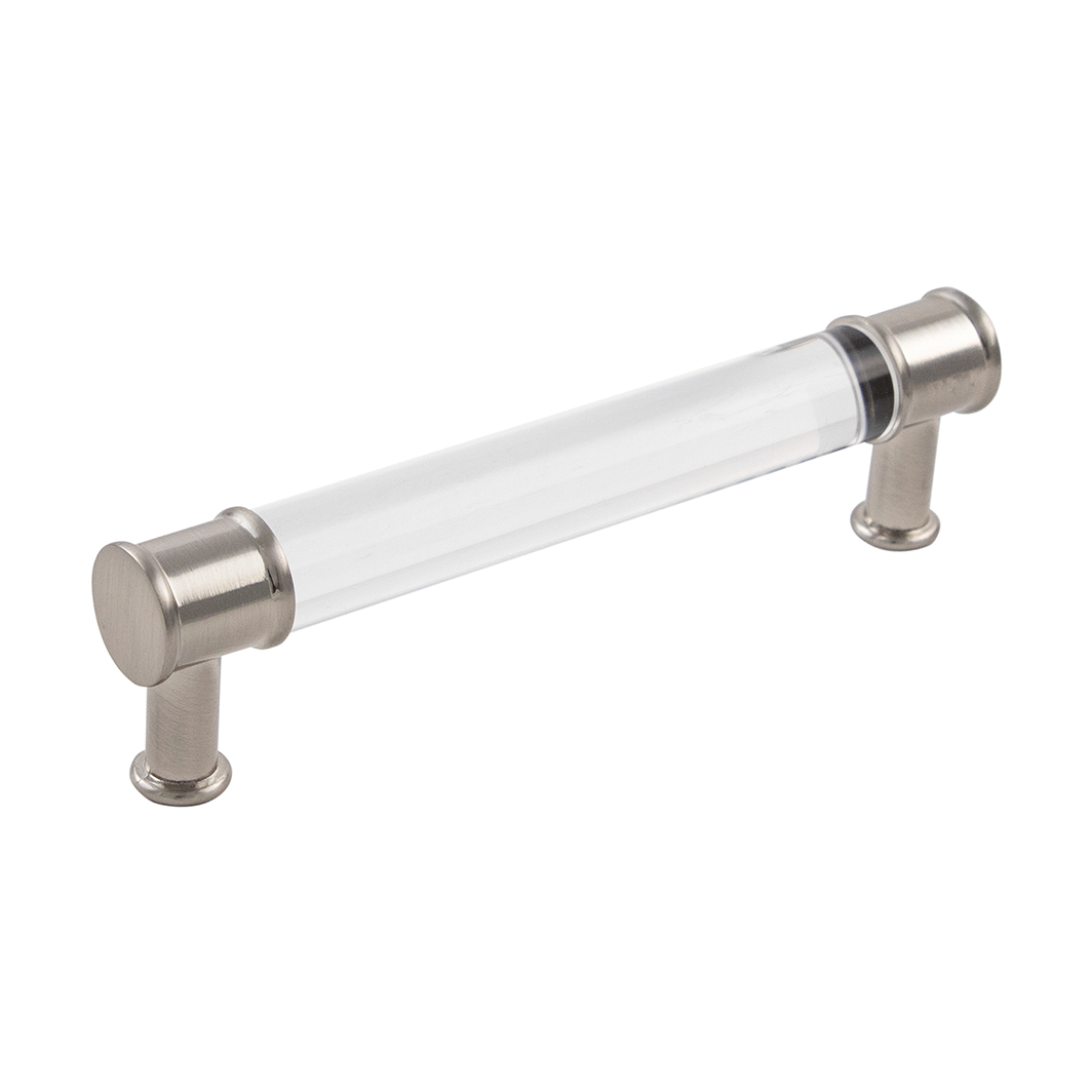 Clear acrylic cabinet pull with satin nickel metal ends designed for modern home improvement projects