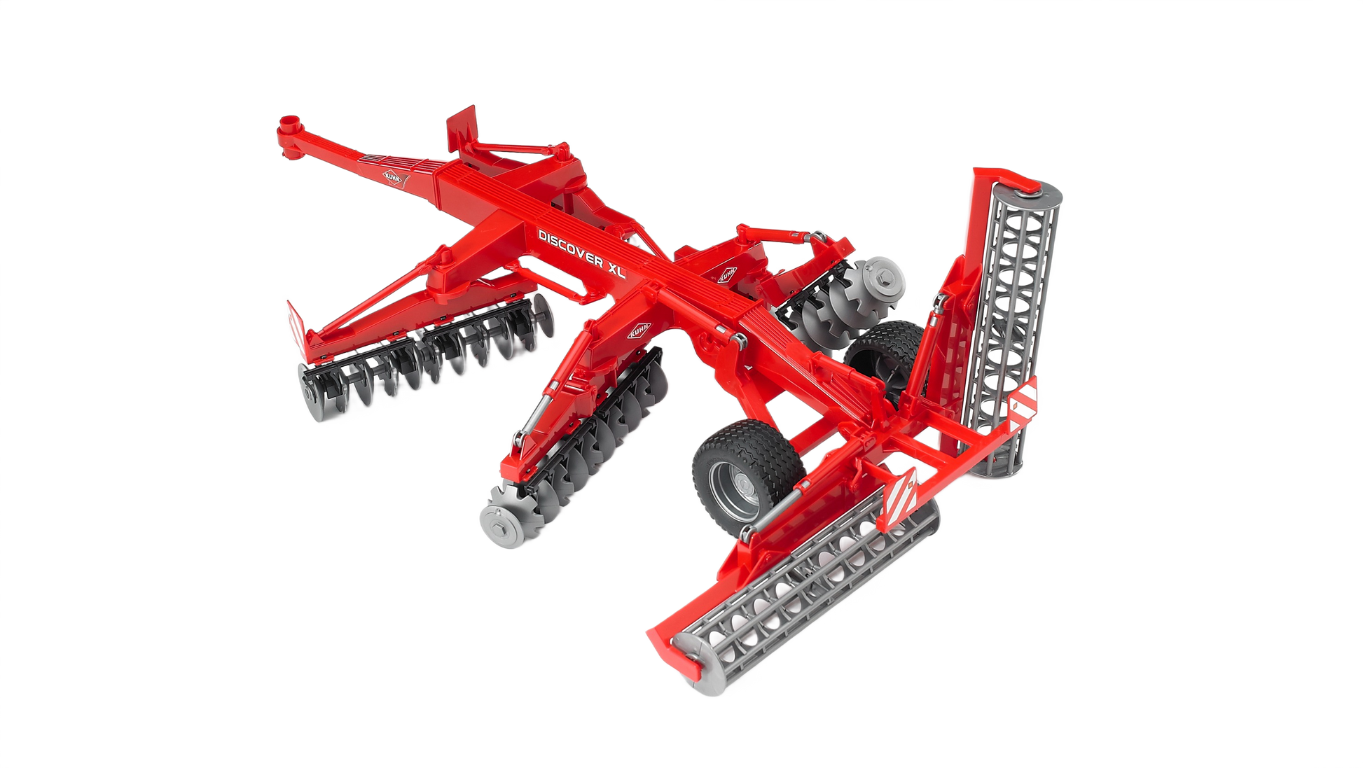 Red Bruder Kuhn Disc Harrow Discover XL model with folding sections and detailed black soil-cutting discs for farm tool play