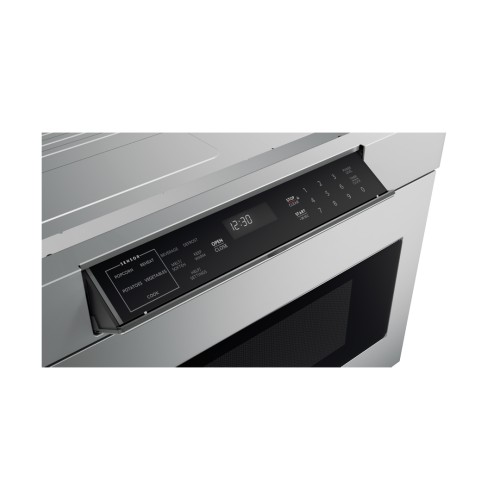 Stainless steel built-in microwave drawer control panel with digital display and touchpad for kitchen appliances and home improvement.