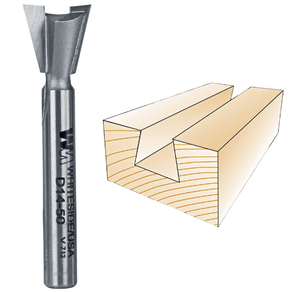 Precision woodworking dovetail bit with 14-degree angle for clean joints in tool and power tool accessories collections.