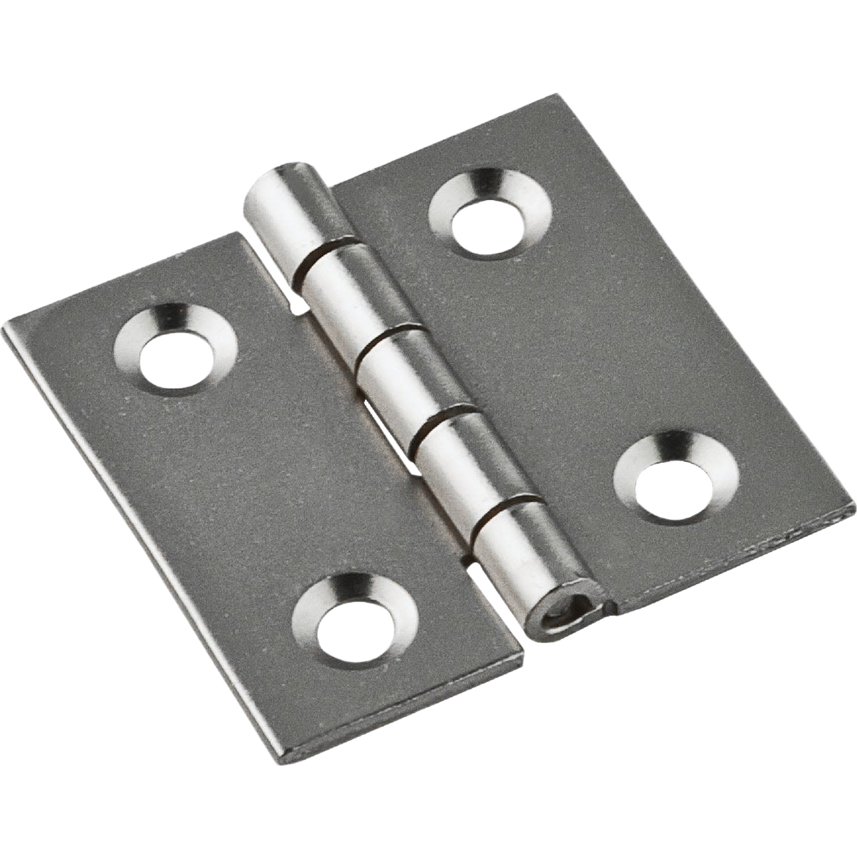 Satin nickel broad hinge with four mounting holes for durable door or cabinet hardware in home improvement projects