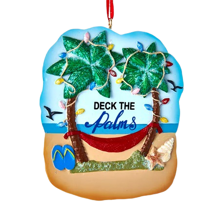 Beach-themed Christmas ornament with decorated palm trees, hammock, seashells, and flip-flops for seasonal tree decor