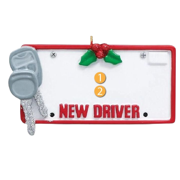 Christmas ornament shaped like a license plate with keys and "New Driver" in red for tree decorations under $50