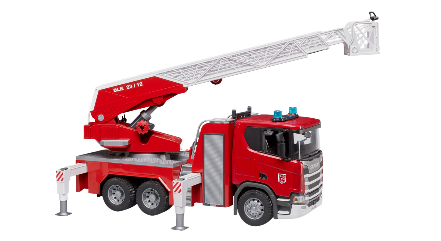 Red Bruder toy fire engine truck with extendable ladder and stabilizing outriggers from remote controlled toys collection