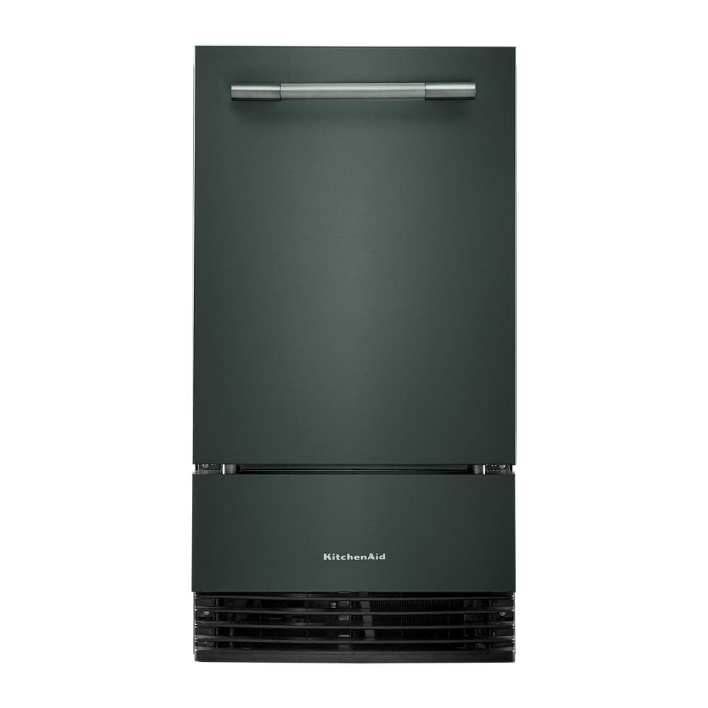 18-inch automatic ice maker in dark finish with flush design and stainless steel handle for KitchenAid appliances collection