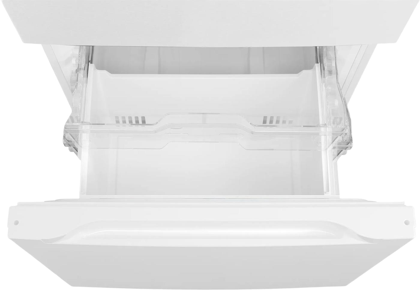 Open white bottom freezer drawer showing clear plastic storage bin, part of Refrigerators, Kitchen & Kitchenware, Appliances, and All Products collections.