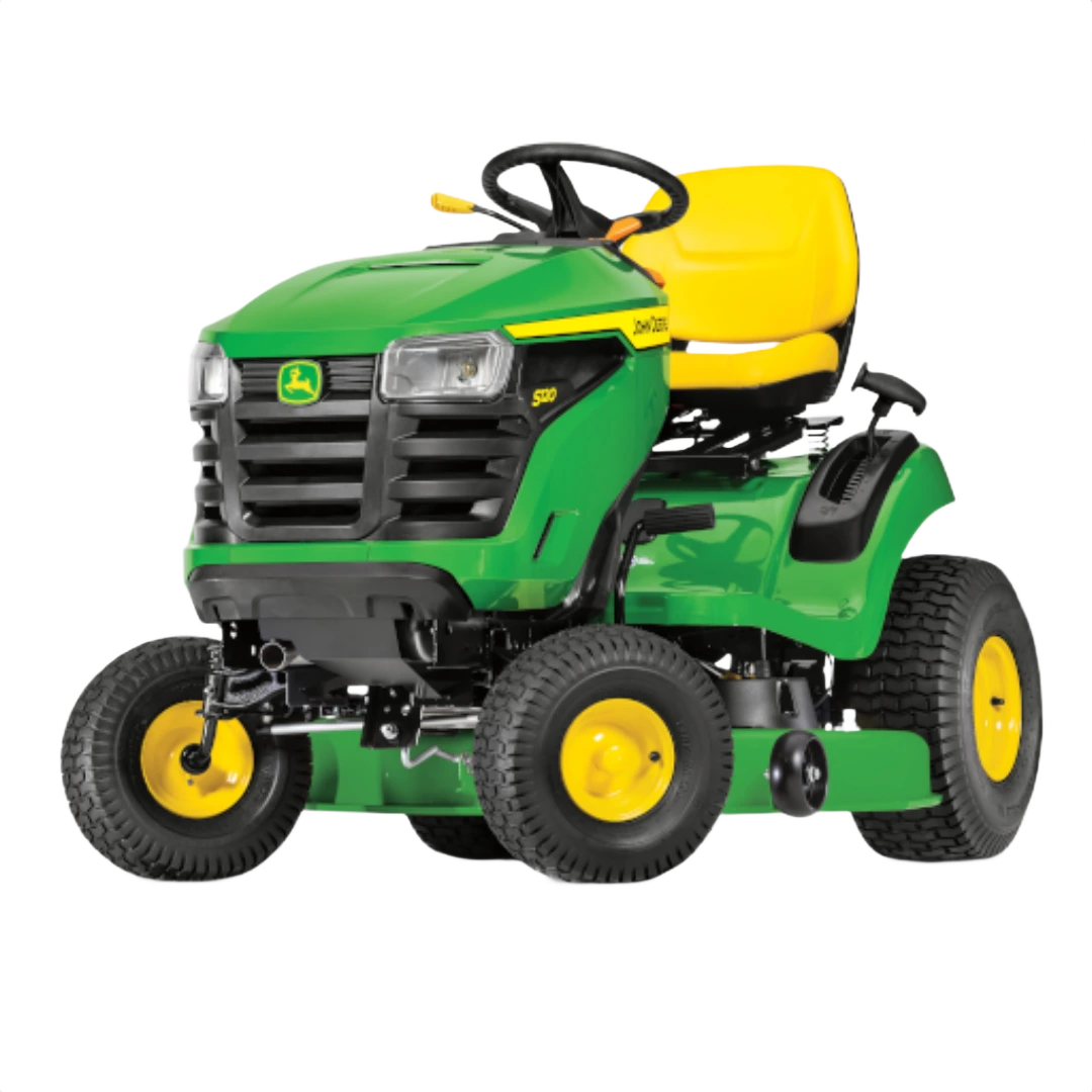 Green and yellow John Deere riding lawn tractor with 42-inch deck for tools and home improvement tasks
