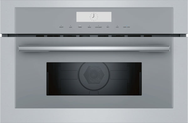 Stainless steel speed oven with digital clock and control panel from Thermador wall ovens and kitchen appliances collection