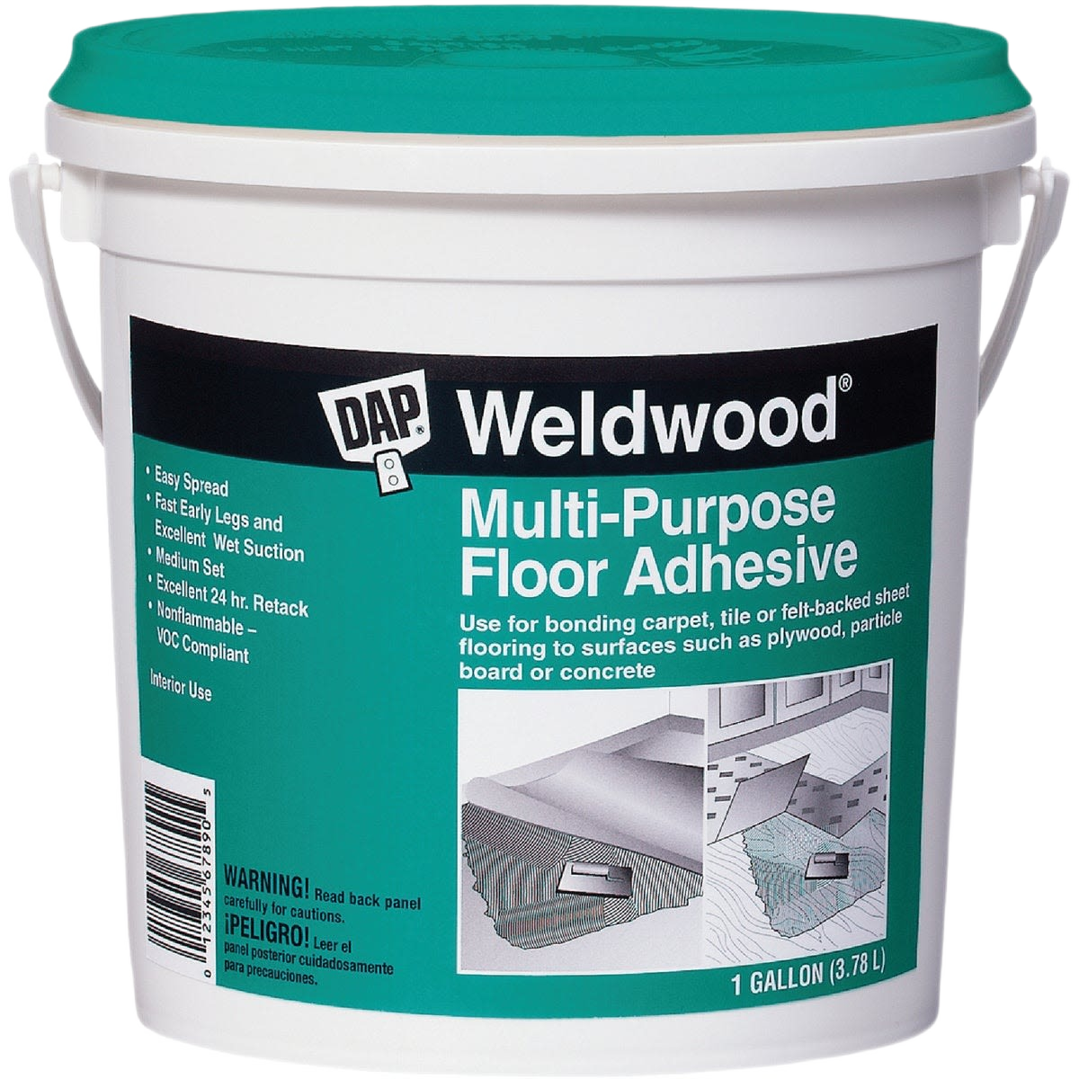 White plastic bucket of multi-purpose floor adhesive with teal lid in adhesives and flooring tools collection