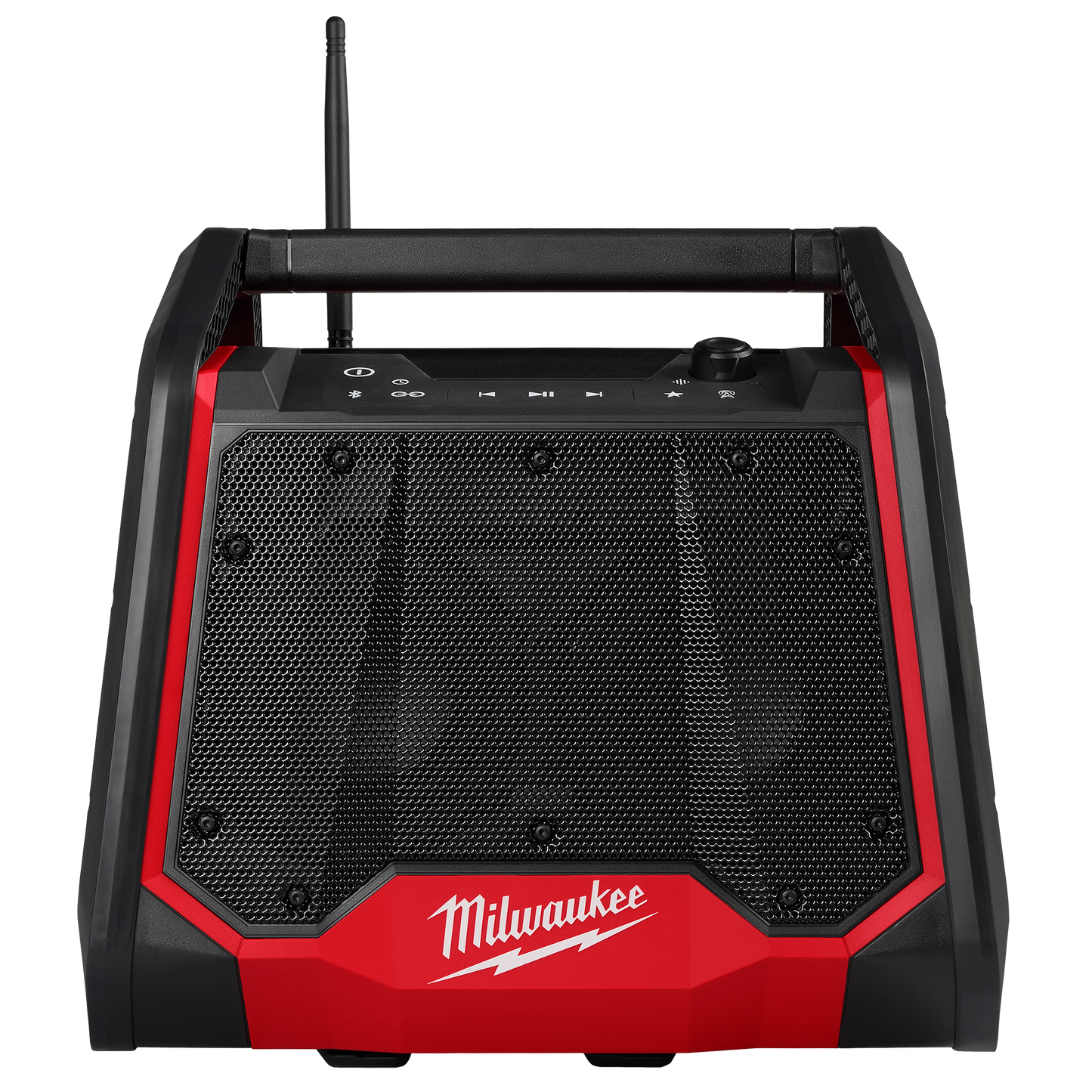 Compact red and black jobsite radio with mesh grille, control buttons, and carrying handle, part of Milwaukee Power Tool Accessories at Hartville Hardware.