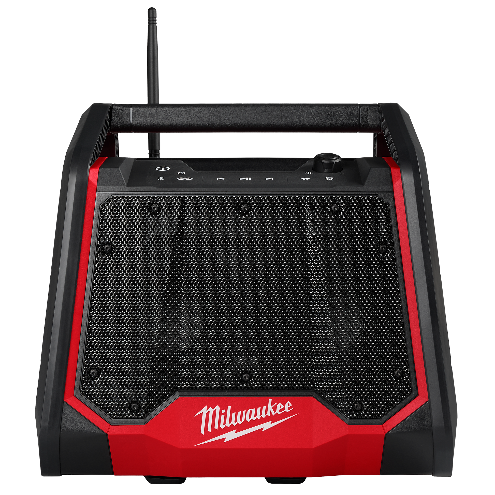 Compact red and black jobsite radio with mesh grille, control buttons, and carrying handle, part of Milwaukee Power Tool Accessories at Hartville Hardware.