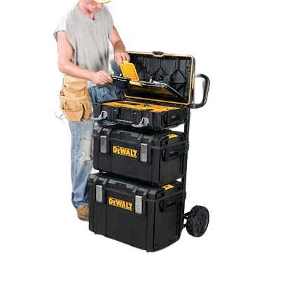 Stacked DEWALT tool storage cases with tough rolling carrier and man accessing top compartment in workshop setting