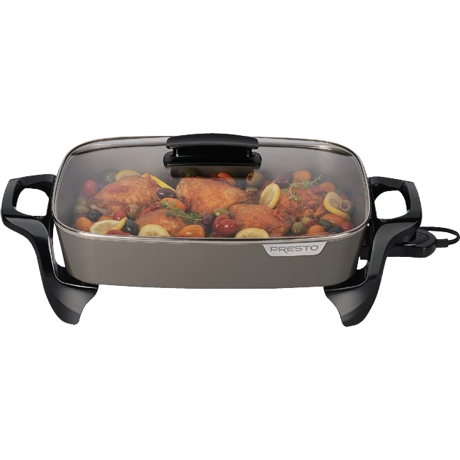 16-inch ceramic electric skillet with glass cover cooking seasoned chicken and vegetables in small kitchen appliances collection