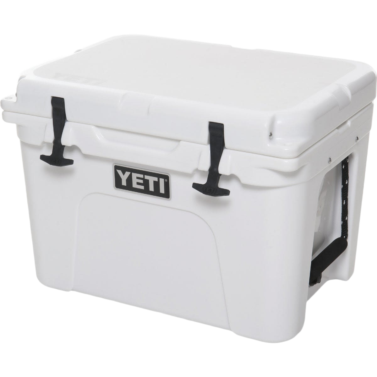White rotomolded cooler with heavy-duty latches and insulation for food storage and dorm organization collections
