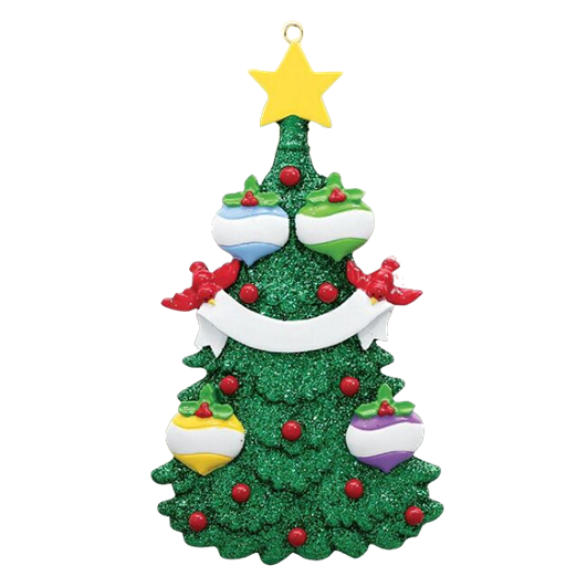 Green glitter Christmas tree ornament with holly, red berries, colorful baubles, and a yellow star topper