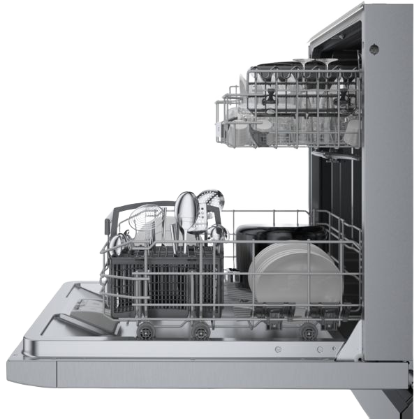 Open 24-inch stainless steel dishwasher with dual racks loaded with dishes and utensils from Bosch appliances collection