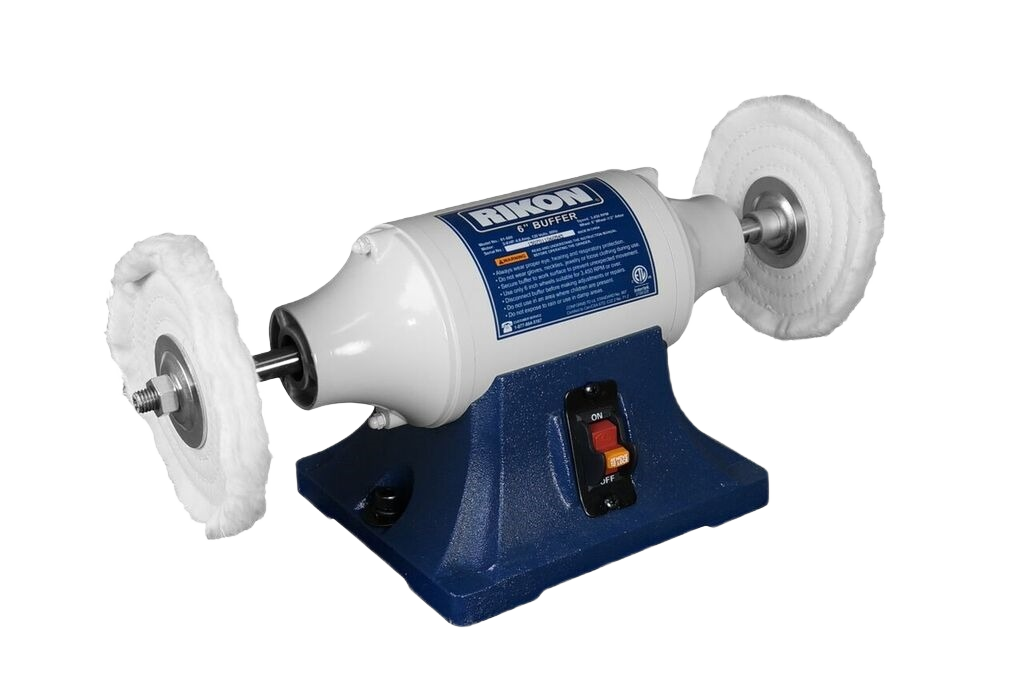 Rikon 6-inch buffing machine with dual white polishing wheels for power tool and home improvement projects