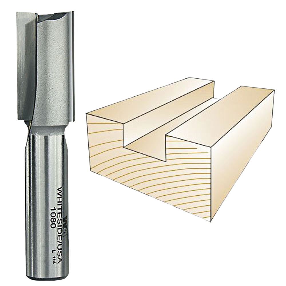 Whiteside straight router bit with 1/2 inch shank alongside grooved wood piece for tool accessories and home improvement