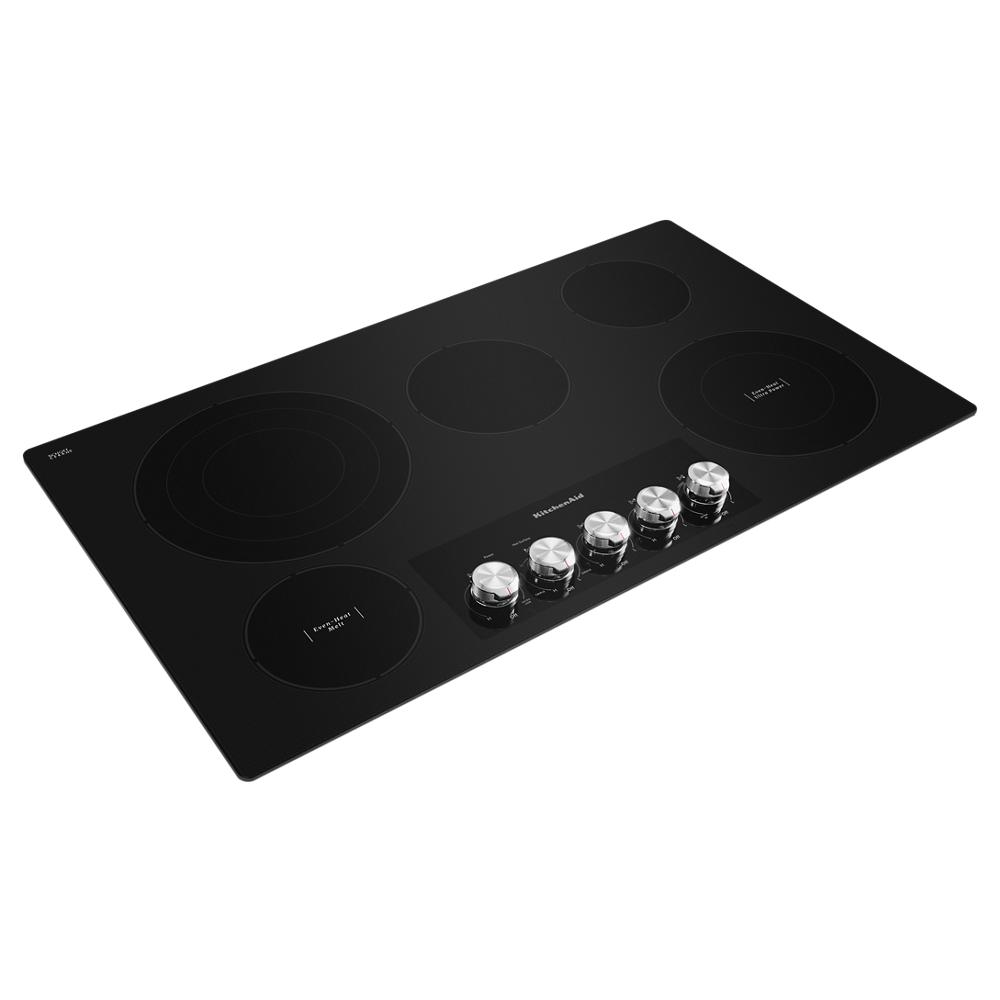 Black 36-inch electric cooktop with five radiant elements and stainless steel knob controls from KitchenAid collection