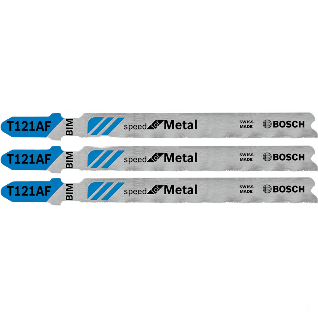 Set of three Bosch speed jigsaw blades with T-shank design for precise metal cutting and home improvement use