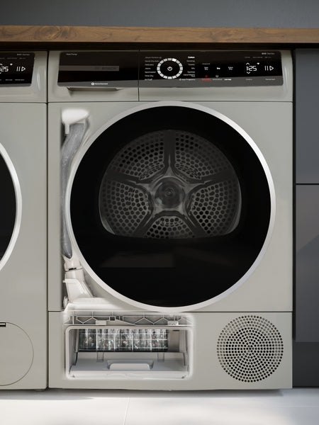Front-load pearl steel heat pump dryer with advanced digital control panel and transparent door from Dryers collection