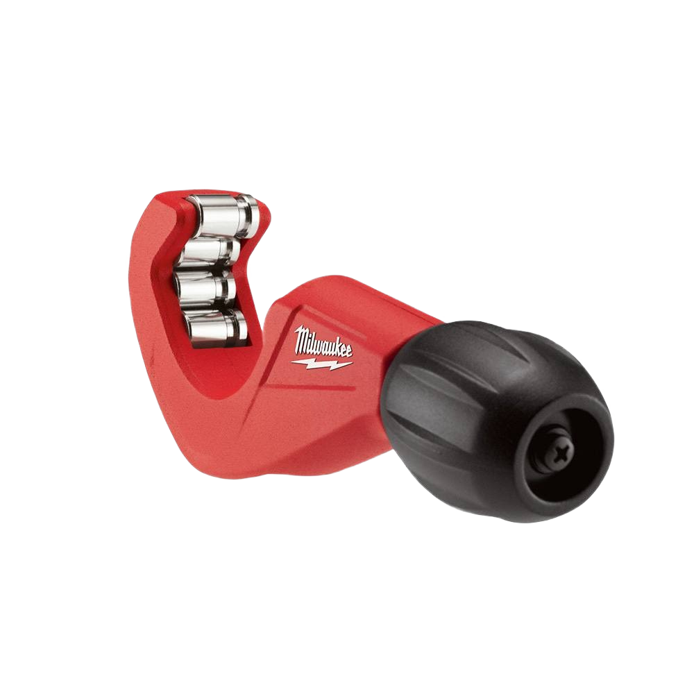 Red plumbing tubing cutter with four rollers and black adjustable knob for precise copper pipe cutting and reaming.