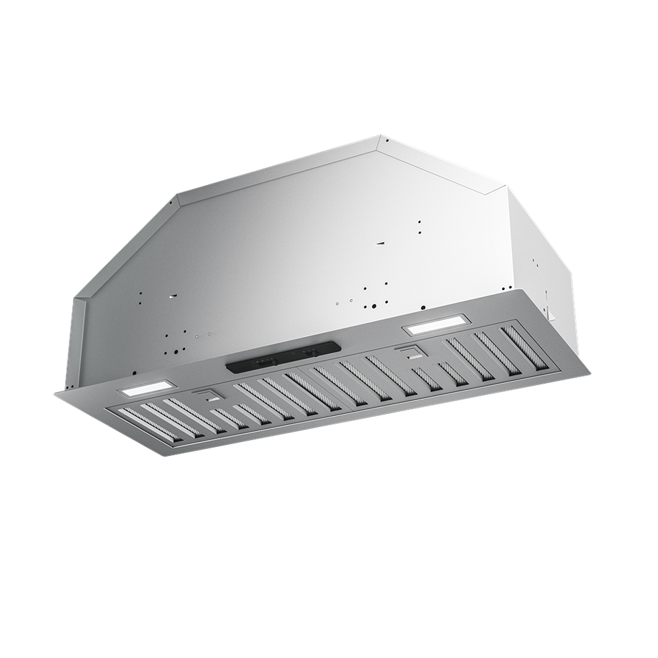 stainless steel insert range hood with hybrid baffle filters and dual LED lights in range hoods collection