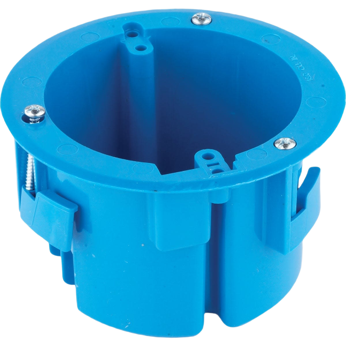 Blue molded PVC ceiling electrical box with mounting screws for old work installation in home improvement projects