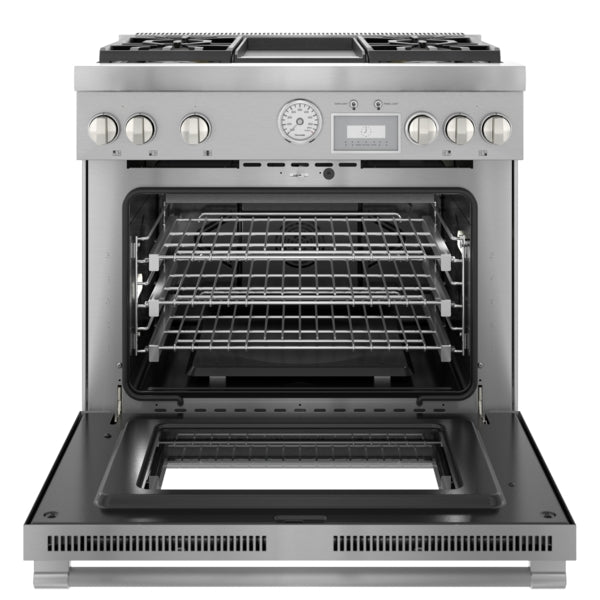 Stainless steel dual fuel professional range with open oven door and multiple wire racks in kitchen appliances collection